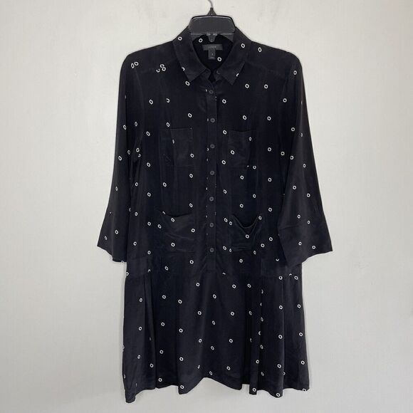 J.CREW Shirt Dress Womens Small 100% Silk Black Print Drop Waist Collared Button - Picture 1 of 11